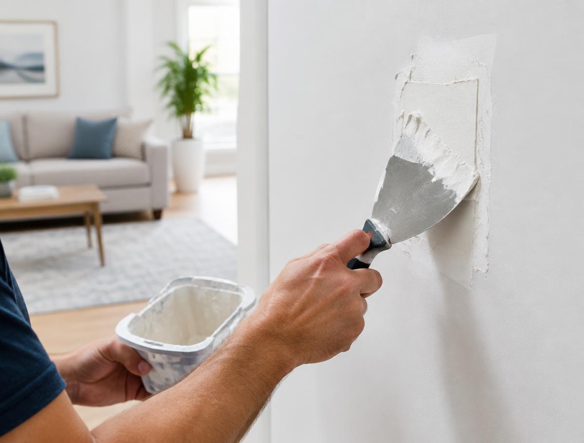 Drywall patch being smoothed in a living room